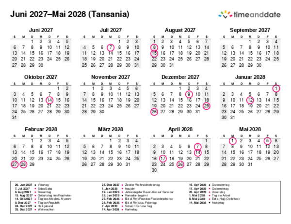 Kalender für 2027 in Tansania