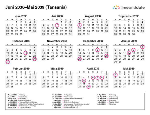 Kalender für 2038 in Tansania