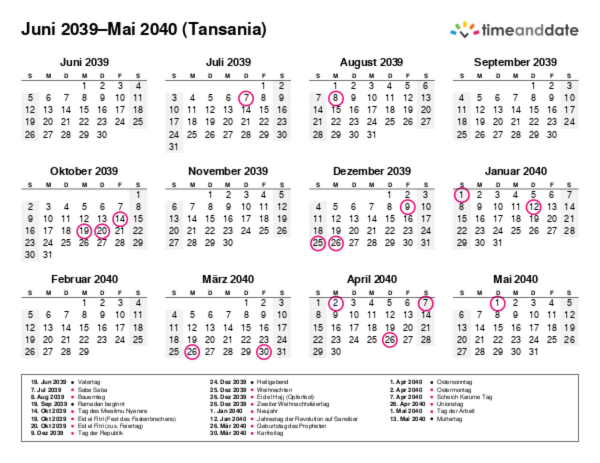 Kalender für 2039 in Tansania