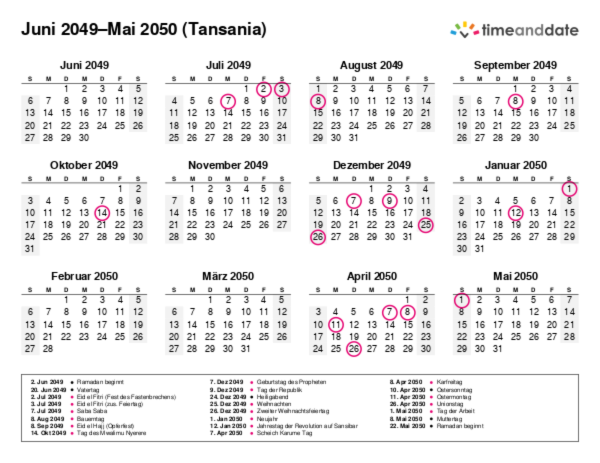 Kalender für 2049 in Tansania