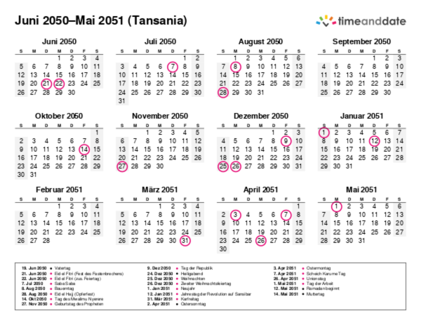Kalender für 2050 in Tansania