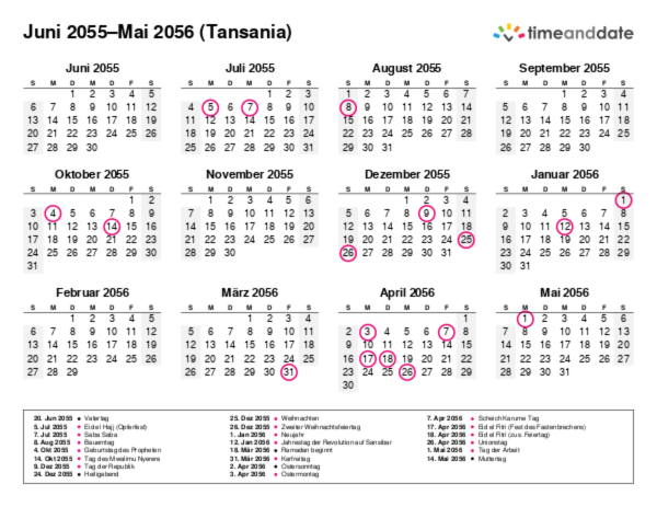 Kalender für 2055 in Tansania