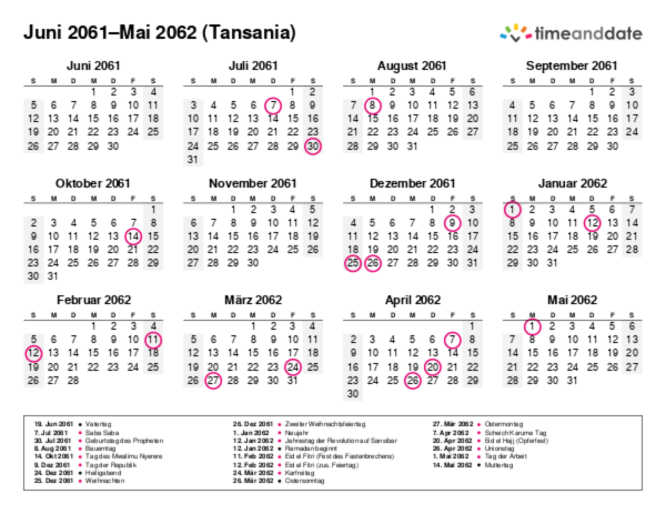 Kalender für 2061 in Tansania