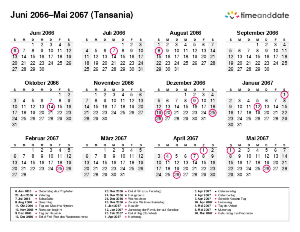 Kalender für 2066 in Tansania