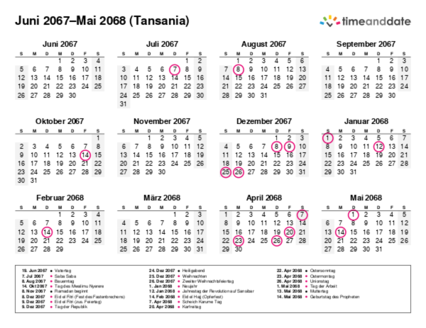 Kalender für 2067 in Tansania