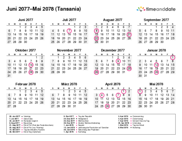 Kalender für 2077 in Tansania