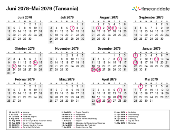 Kalender für 2078 in Tansania