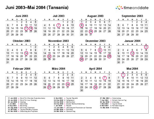 Kalender für 2083 in Tansania