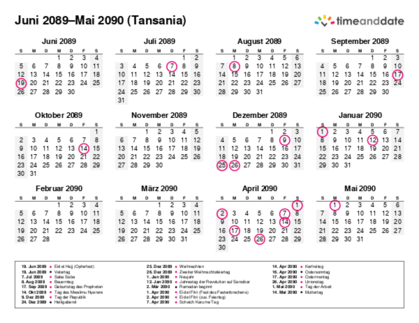 Kalender für 2089 in Tansania
