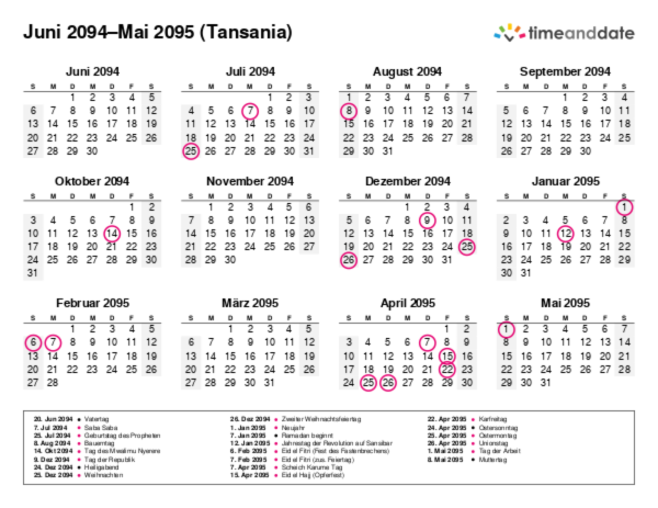 Kalender für 2094 in Tansania