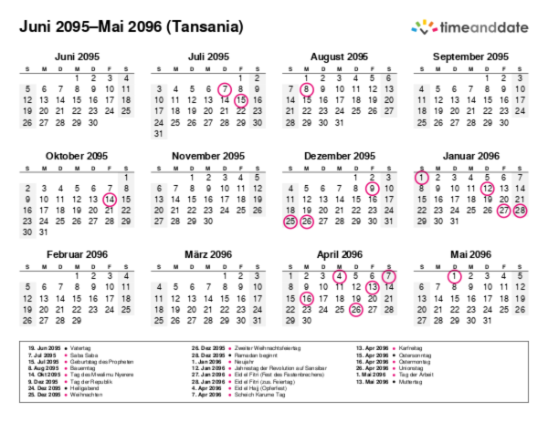Kalender für 2095 in Tansania
