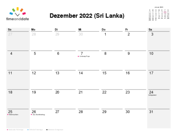 Kalender für 2022 in Sri Lanka
