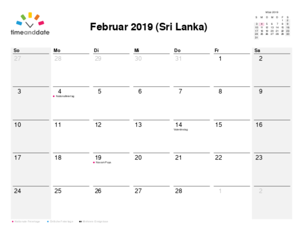 Kalender für 2019 in Sri Lanka