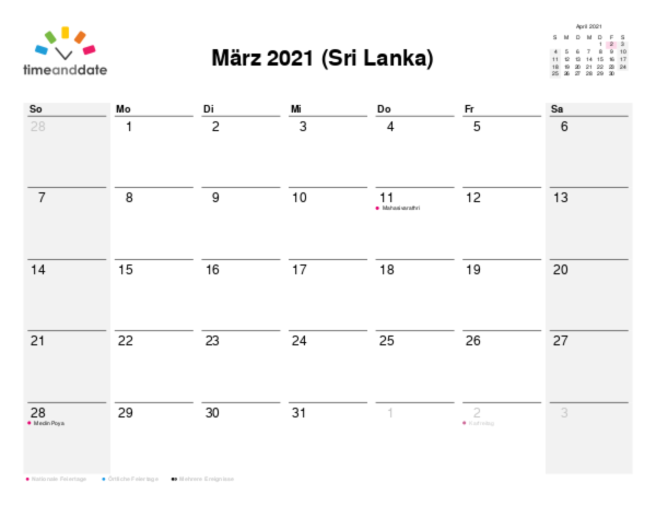 Kalender für 2021 in Sri Lanka