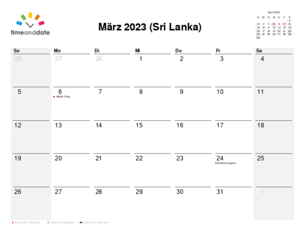 Kalender für 2023 in Sri Lanka