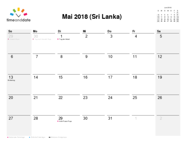 Kalender für 2018 in Sri Lanka