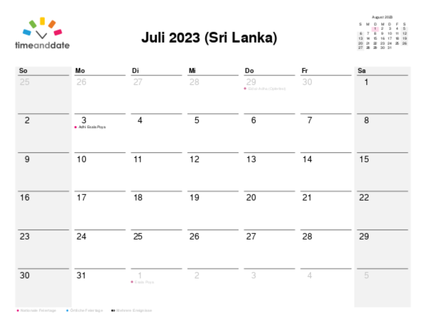 Kalender für 2023 in Sri Lanka