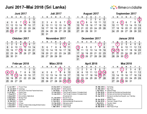 Kalender für 2017 in Sri Lanka