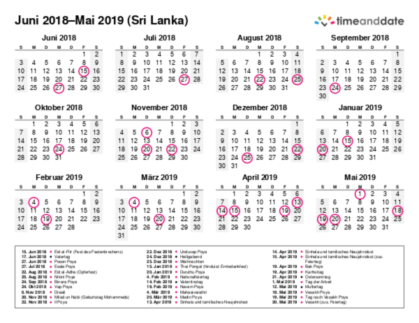 Kalender für 2018 in Sri Lanka