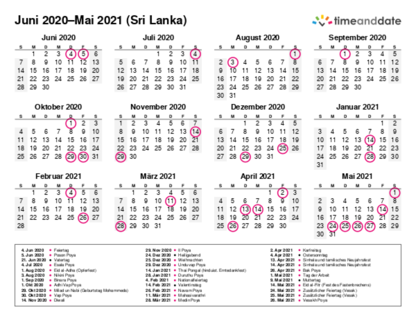 Kalender für 2020 in Sri Lanka