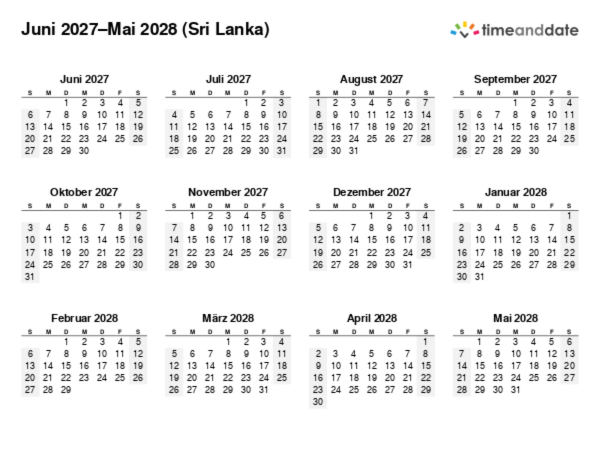 Kalender für 2027 in Sri Lanka