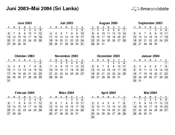 Kalender für 2083 in Sri Lanka