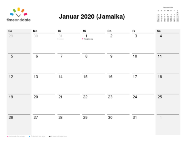 Kalender für 2020 in Jamaika