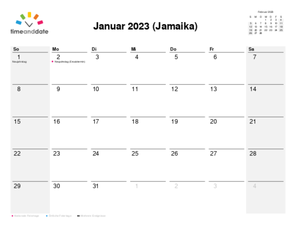 Kalender für 2023 in Jamaika