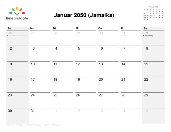 Kalender für 2050 in Jamaika