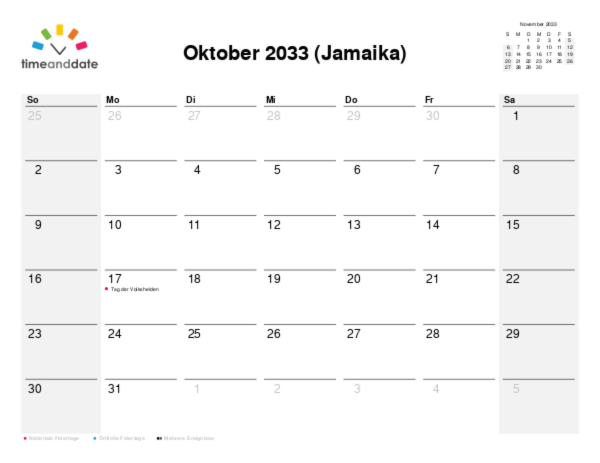 Kalender für 2033 in Jamaika