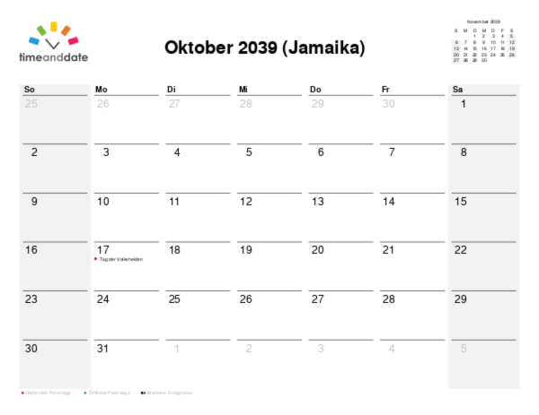Kalender für 2039 in Jamaika