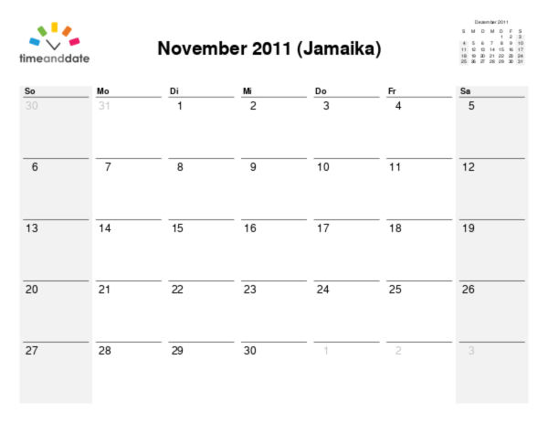 Kalender für 2011 in Jamaika