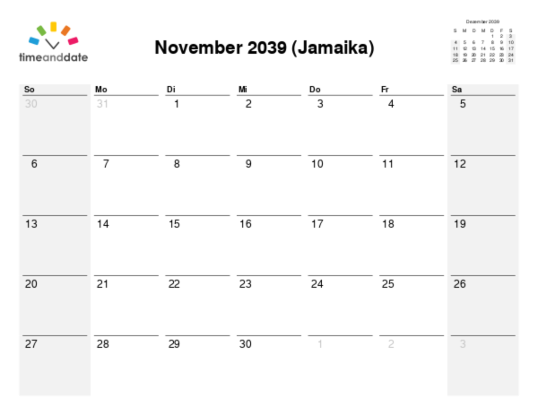 Kalender für 2039 in Jamaika