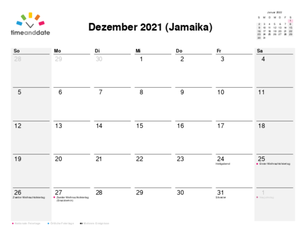 Kalender für 2021 in Jamaika