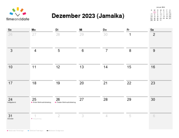 Kalender für 2023 in Jamaika