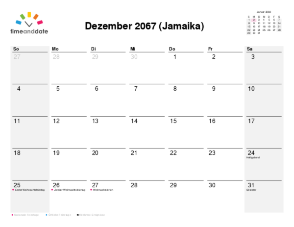 Kalender für 2067 in Jamaika