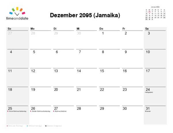 Kalender für 2095 in Jamaika