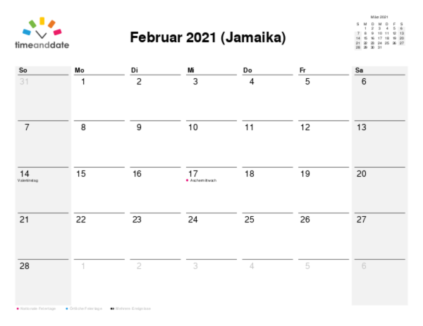Kalender für 2021 in Jamaika