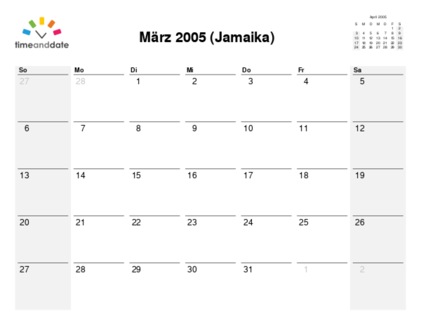 Kalender für 2005 in Jamaika