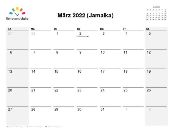 Kalender für 2022 in Jamaika