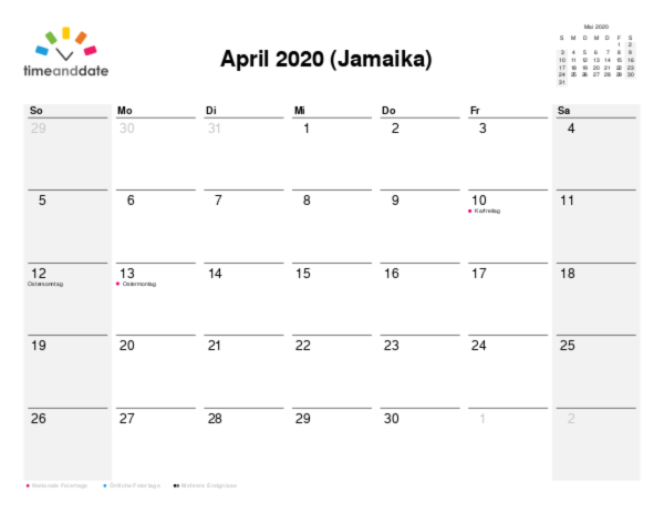 Kalender für 2020 in Jamaika
