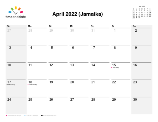 Kalender für 2022 in Jamaika