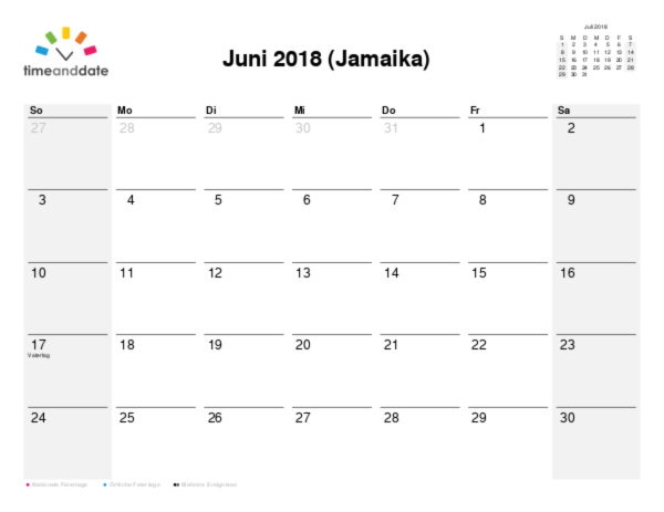 Kalender für 2018 in Jamaika