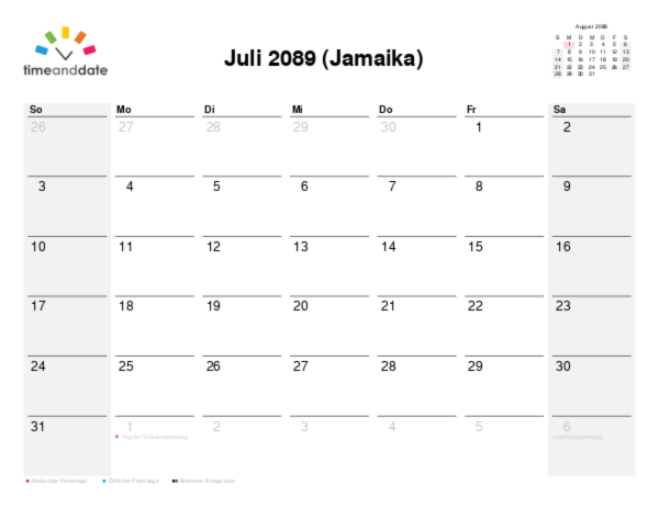 Kalender für 2089 in Jamaika