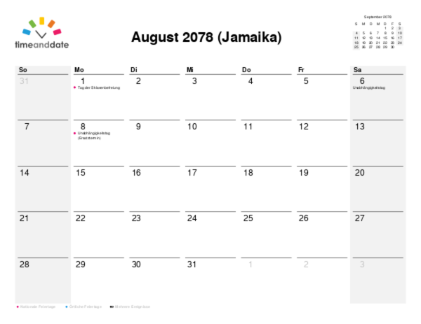 Kalender für 2078 in Jamaika