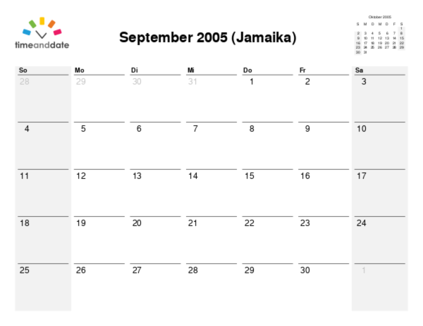 Kalender für 2005 in Jamaika