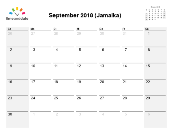 Kalender für 2018 in Jamaika
