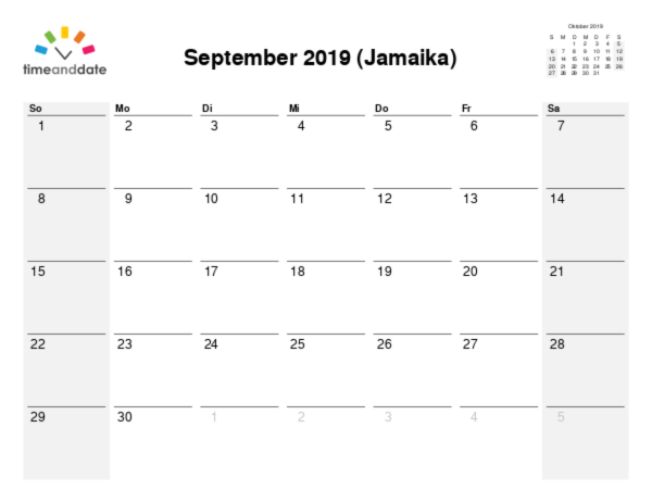 Kalender für 2019 in Jamaika