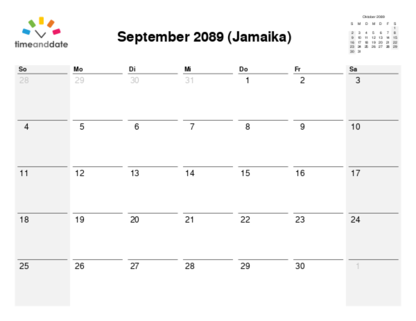 Kalender für 2089 in Jamaika