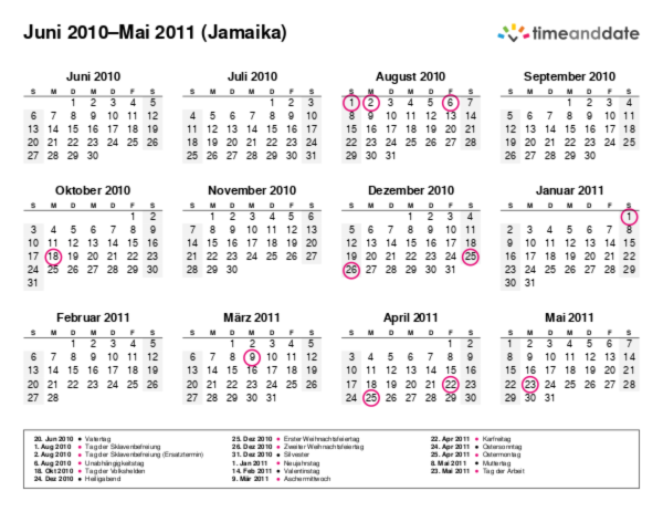 Kalender für 2010 in Jamaika